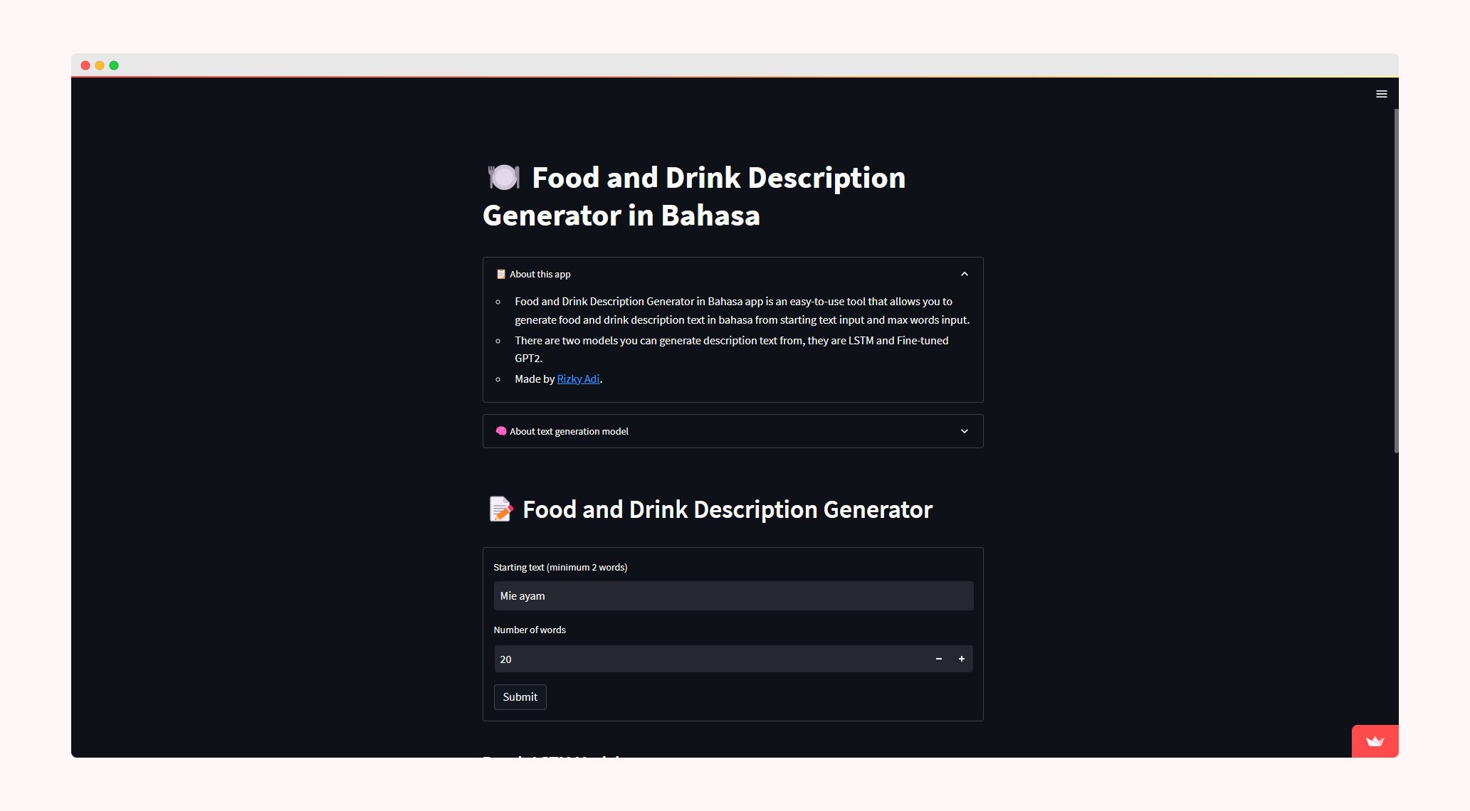 Food & Drink Description Generator